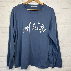 MISSLOOK Just Breathe Shirt Womens 2XL Blue Long Sleeve Crew Neck